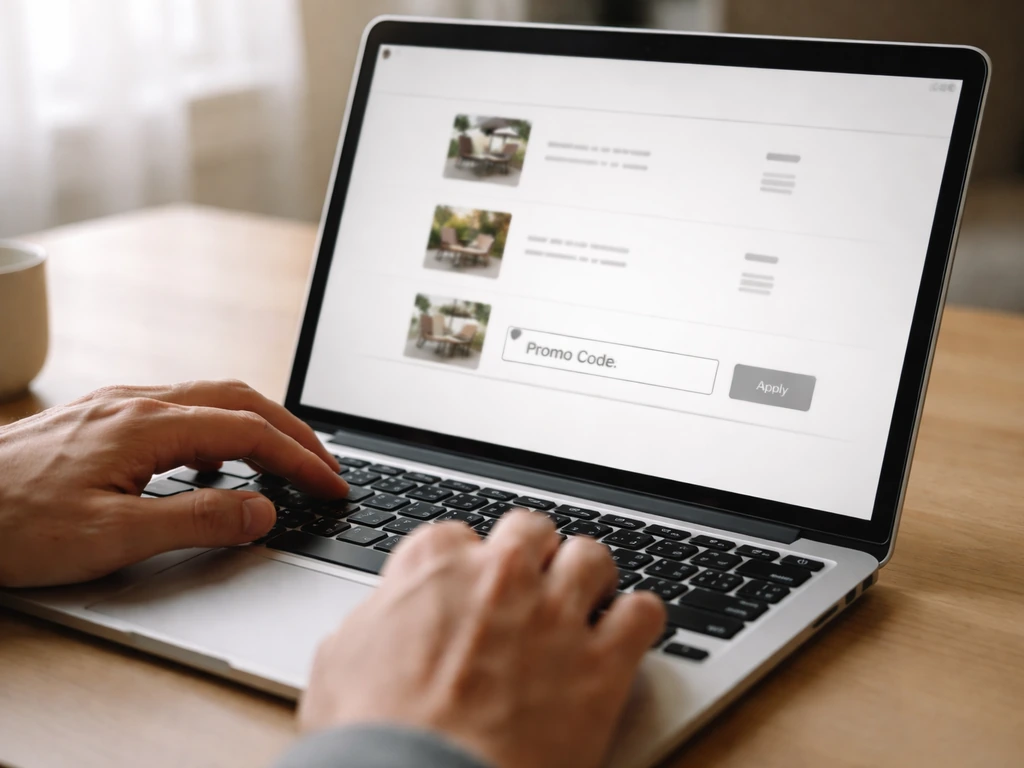 Hands over a laptop showing a filled cart and a highlighted promo code field ready to apply.