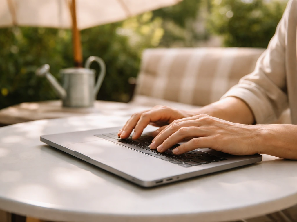 Hands typing on a laptop at a quiet patio table, warm seasonal light implying email signup for deals.