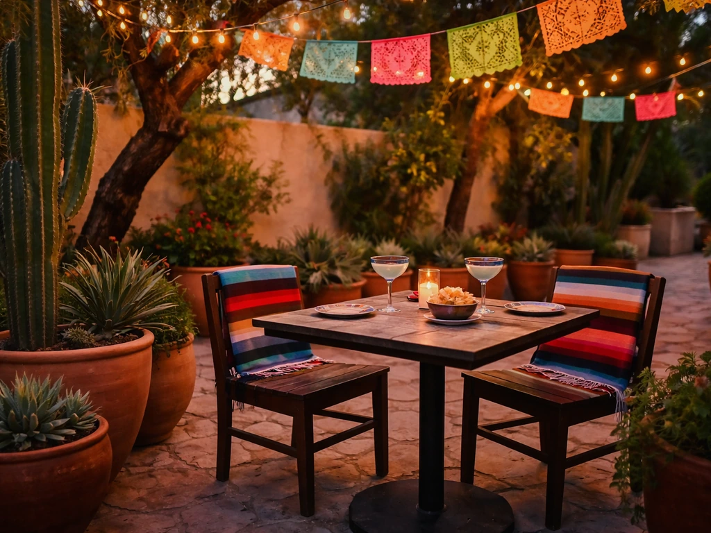 Vibrant northeast Phoenix patio with colorful decor and warm evening lights near desert plants