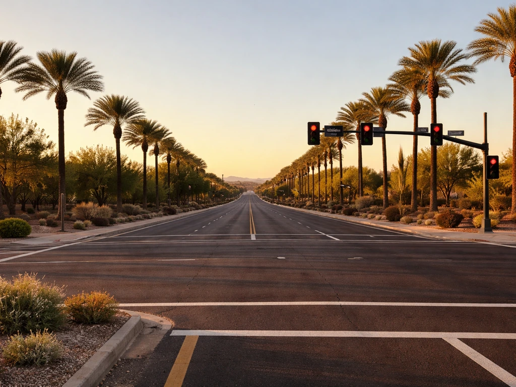 Wide view of the crossroads at Tatum Boulevard and Cactus Road in northeast Phoenix, Arizona.
