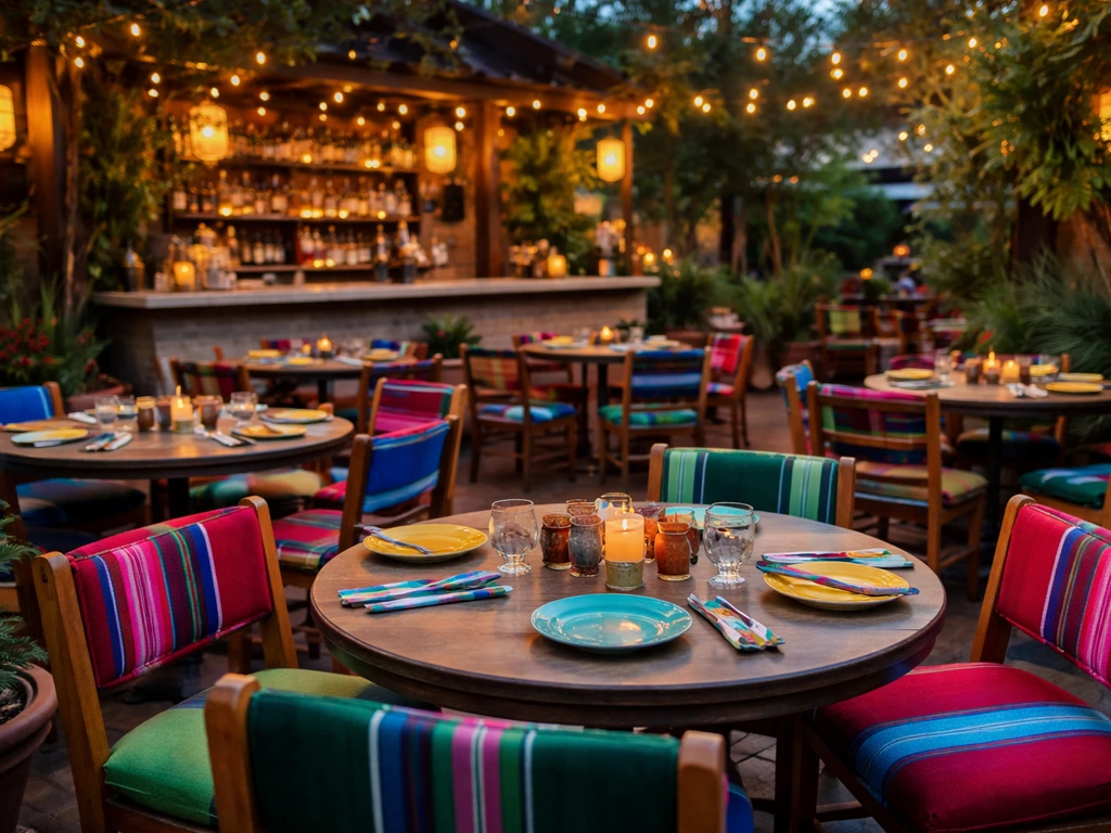 Lively restaurant patio with colorful festive seating and an outdoor bar/serving area under string lights.