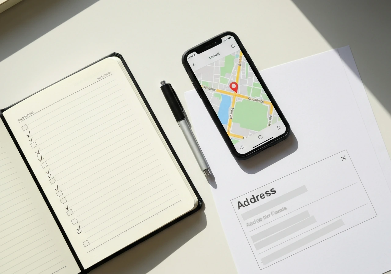 Minimal desk scene with notebook, pen, and phone showing a blurred map for confirming a venue and address.