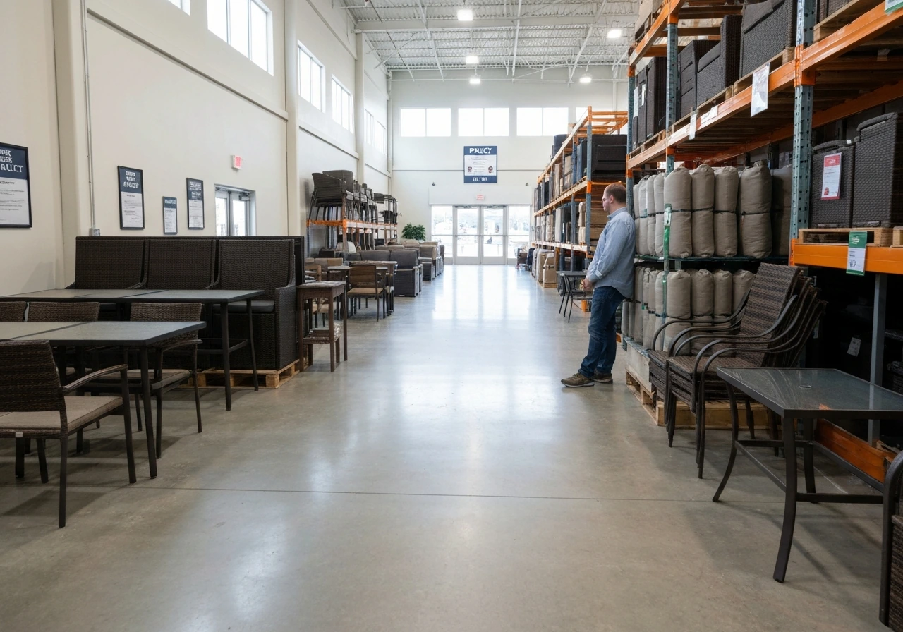 A shopper browses patio furniture in a warehouse aisle with walk-in policy signboards in the background.