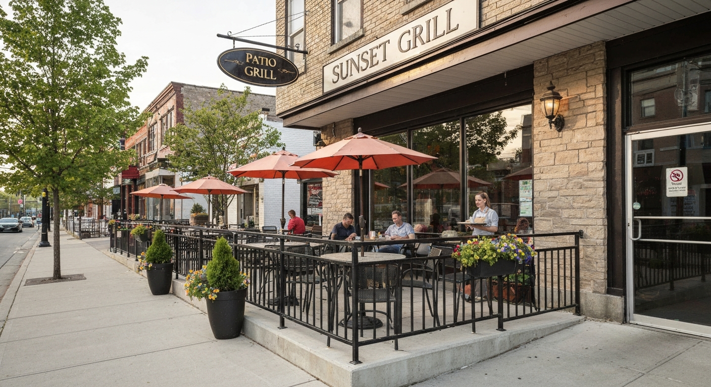 Small, inviting outdoor patio at a casual breakfast restaurant with umbrellas, tables, railing and accessible entry under warm morning light
