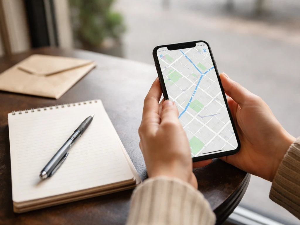 Person checking a phone with navigation suggestions for a local venue address