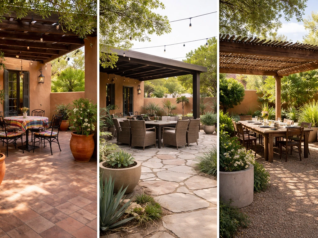 Three distinct Santa Fe outdoor patio dining exteriors showing stone, pergola, and courtyard setups.