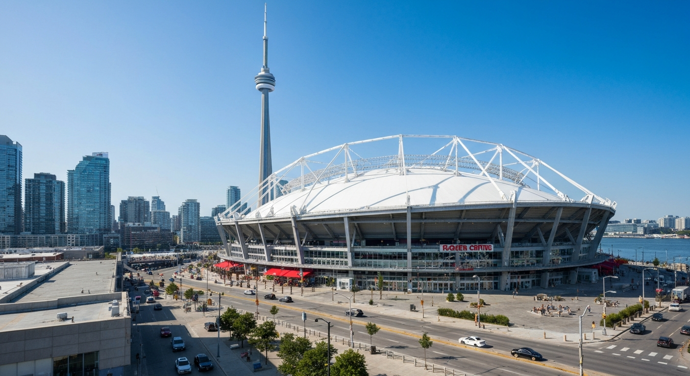 Exterior view of Rogers Centre with the CN Tower and Toronto waterfront, showing the stadium's location at 1 Blue Jays Way