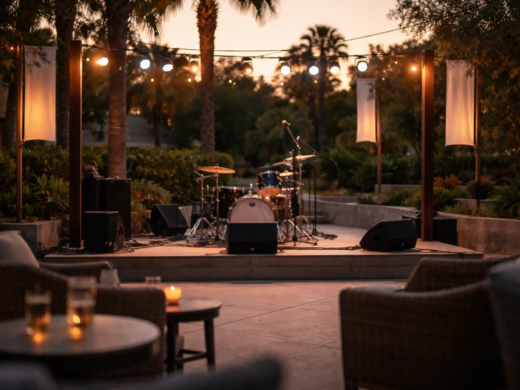 Mohegan Sun-style patio concert scene with an outdoor stage and subtle branded banners in warm evening light