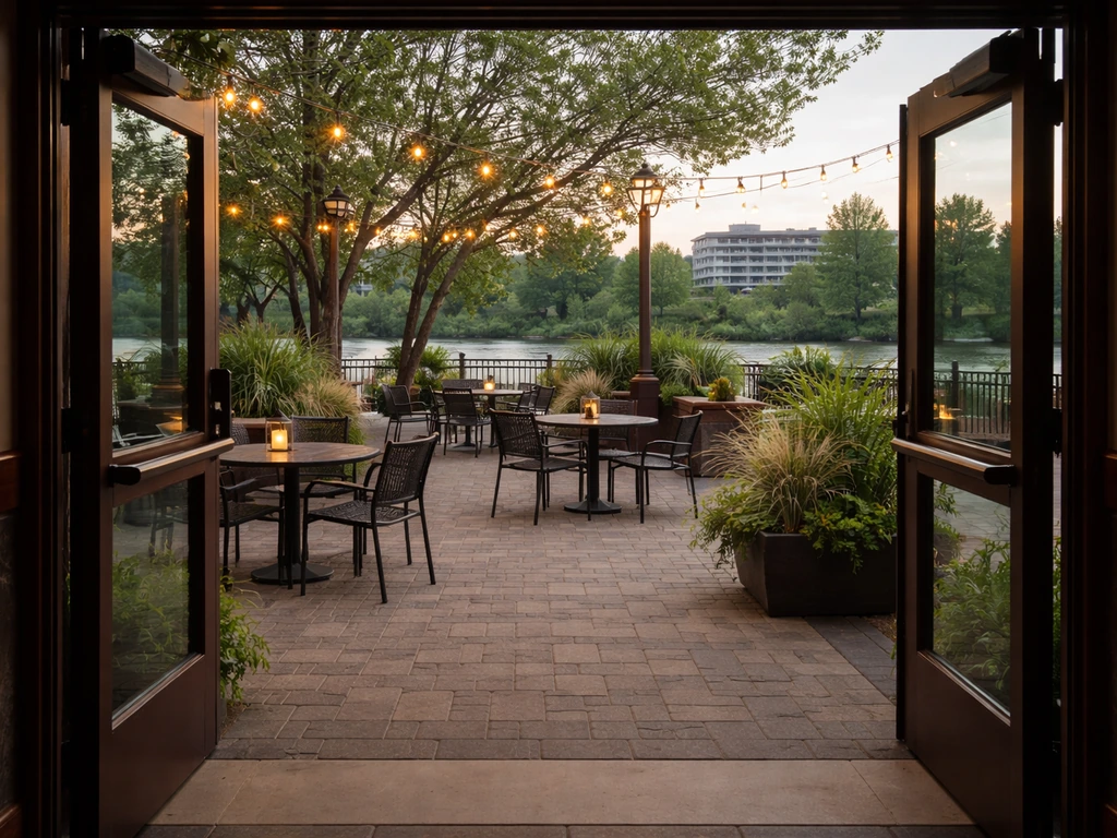 Outdoor casino patio area near a riverside entrance at dusk with warm lights and open seating