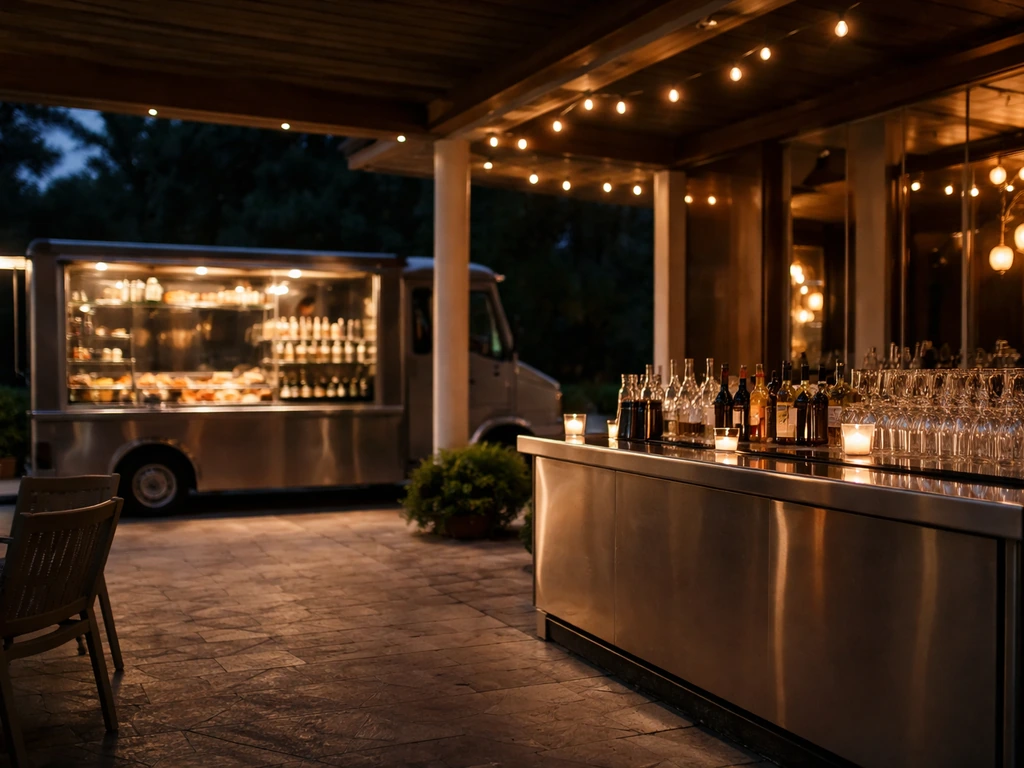 Outdoor patio bar with drinks and a food truck-style counter serving snacks