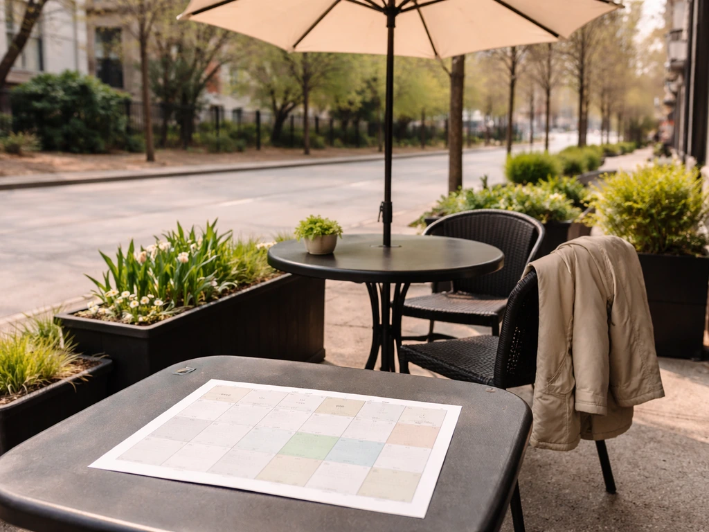 Toronto patio table with an unmarked calendar suggesting early spring to fall season window.