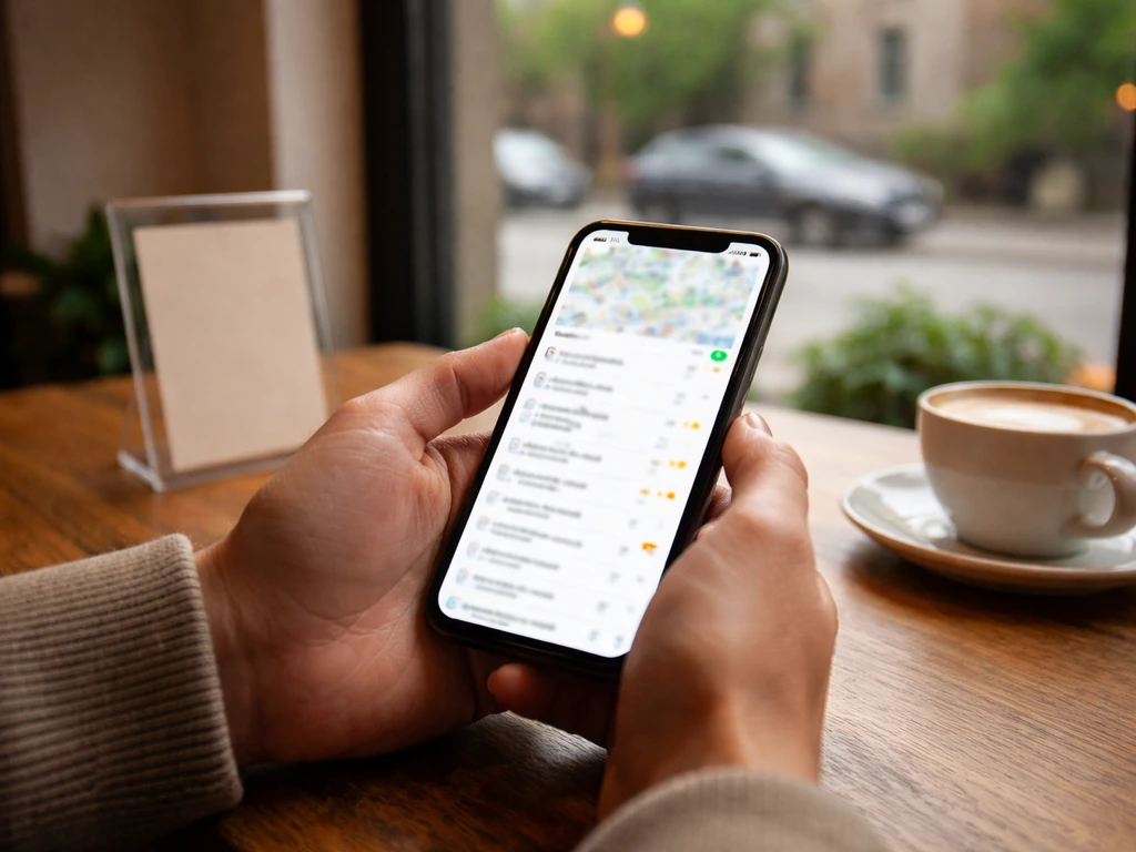 Anonymous hands checking a smartphone map/listing view for a patio’s current open status