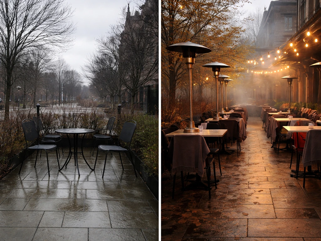 Split-style photo showing an early spring Toronto patio with sparse chairs and a late fall patio with heaters and blanke