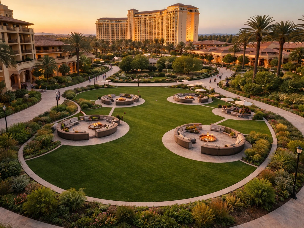 Aerial view of a resort patio with grass and fire pits, near a large casino building backdrop.