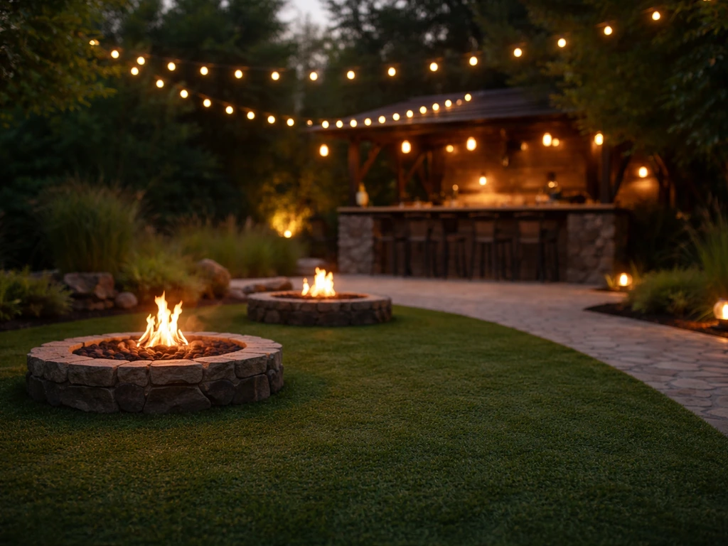 Outdoor patio with grassy turf, lit fire pits, and a sun patio bar area in soft evening light.