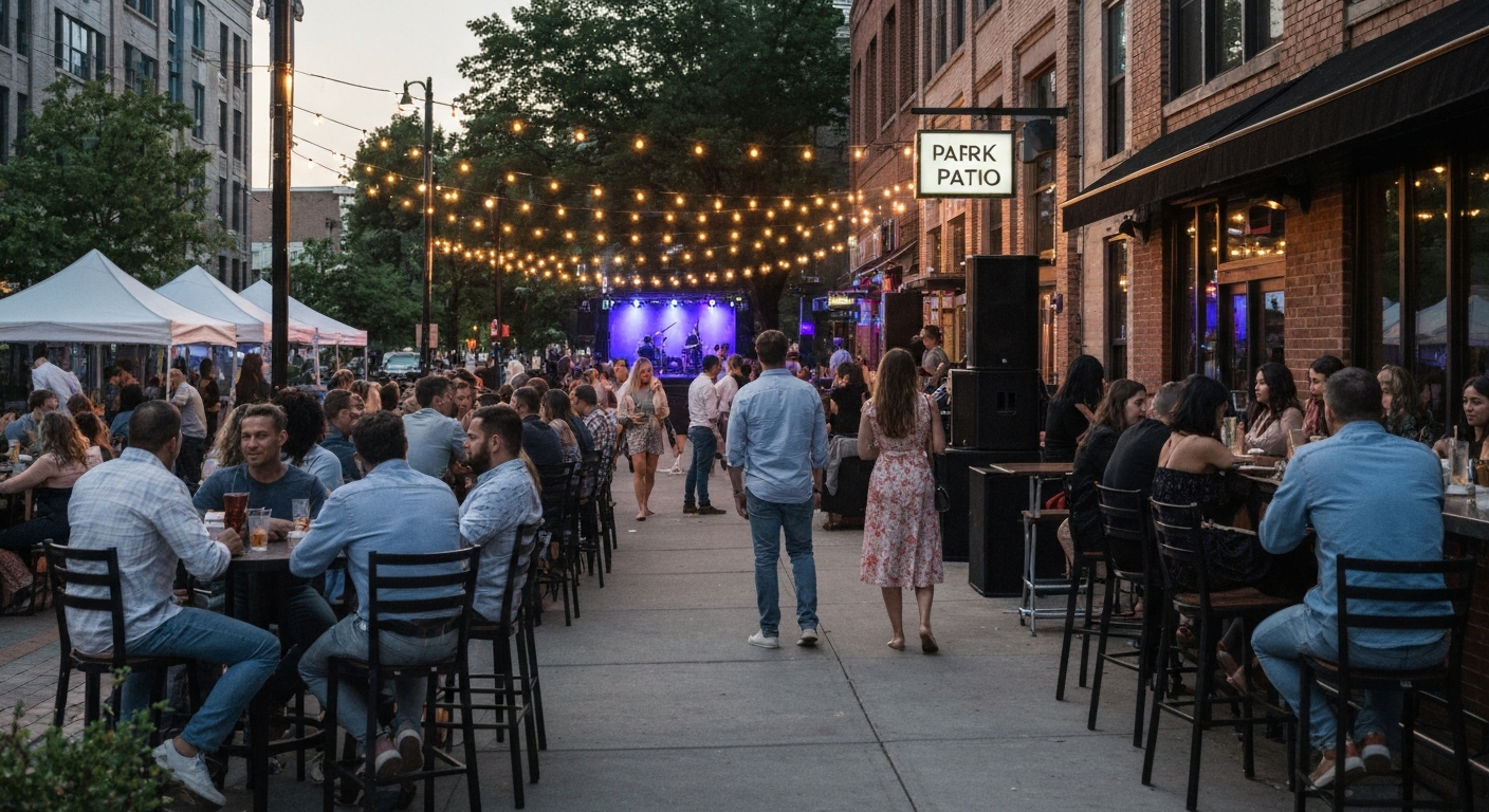Park Street Patio at night: outdoor patio with string lights, live-music stage, tents, and a casually dressed crowd.