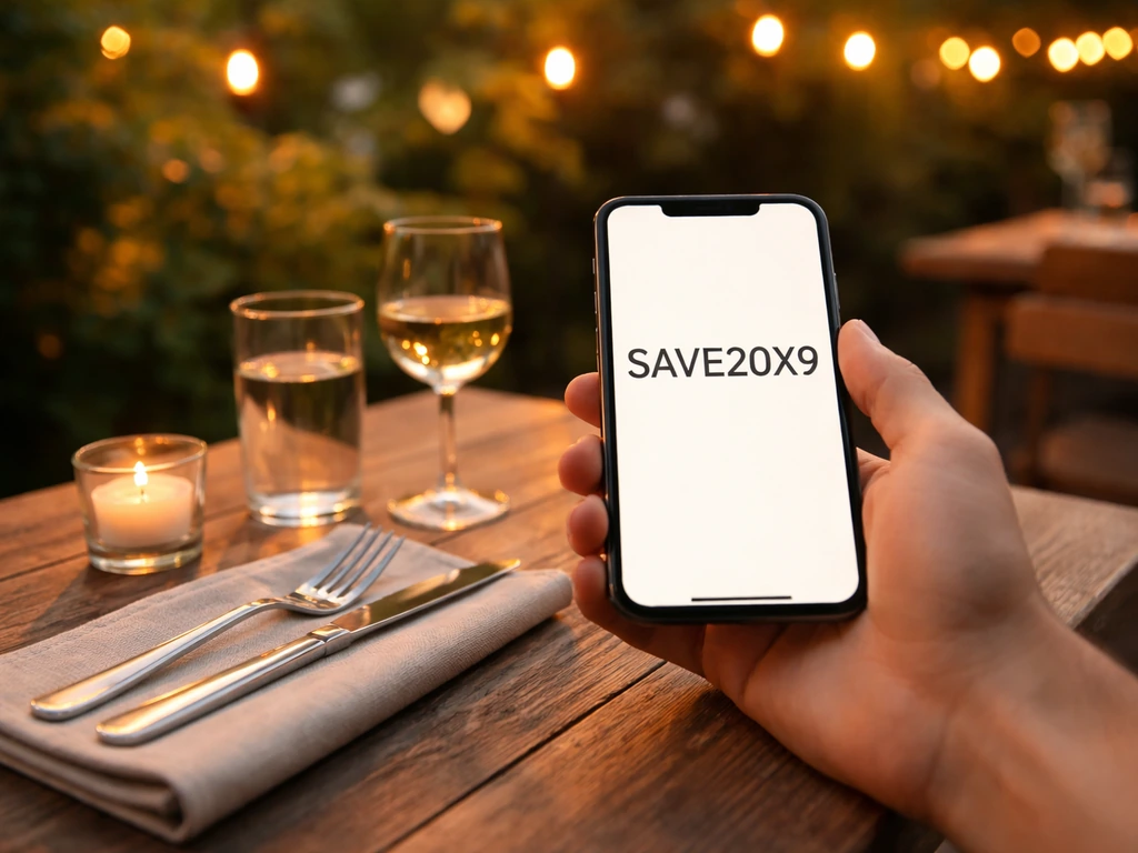 Outdoor patio dining table where a hand holds a phone showing a generic promo code before checkout
