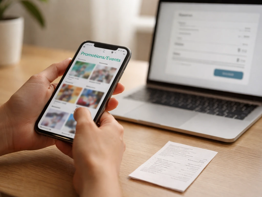 Person browsing a promotions tab on smartphone beside laptop and receipt showing offer details