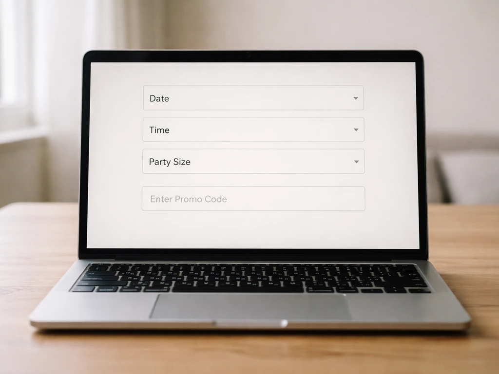 Laptop on a desk showing a booking form with date/time/party size fields and a promo code box.
