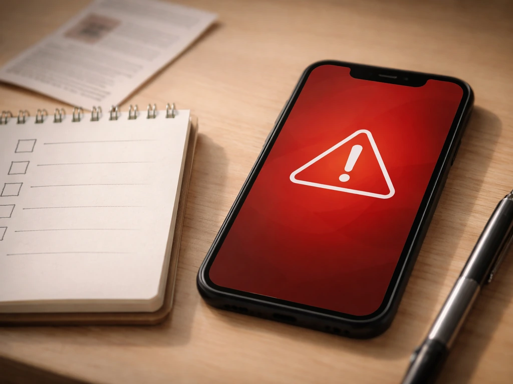 Close-up of a smartphone showing a generic error, beside a notebook and pen with a simple checklist.