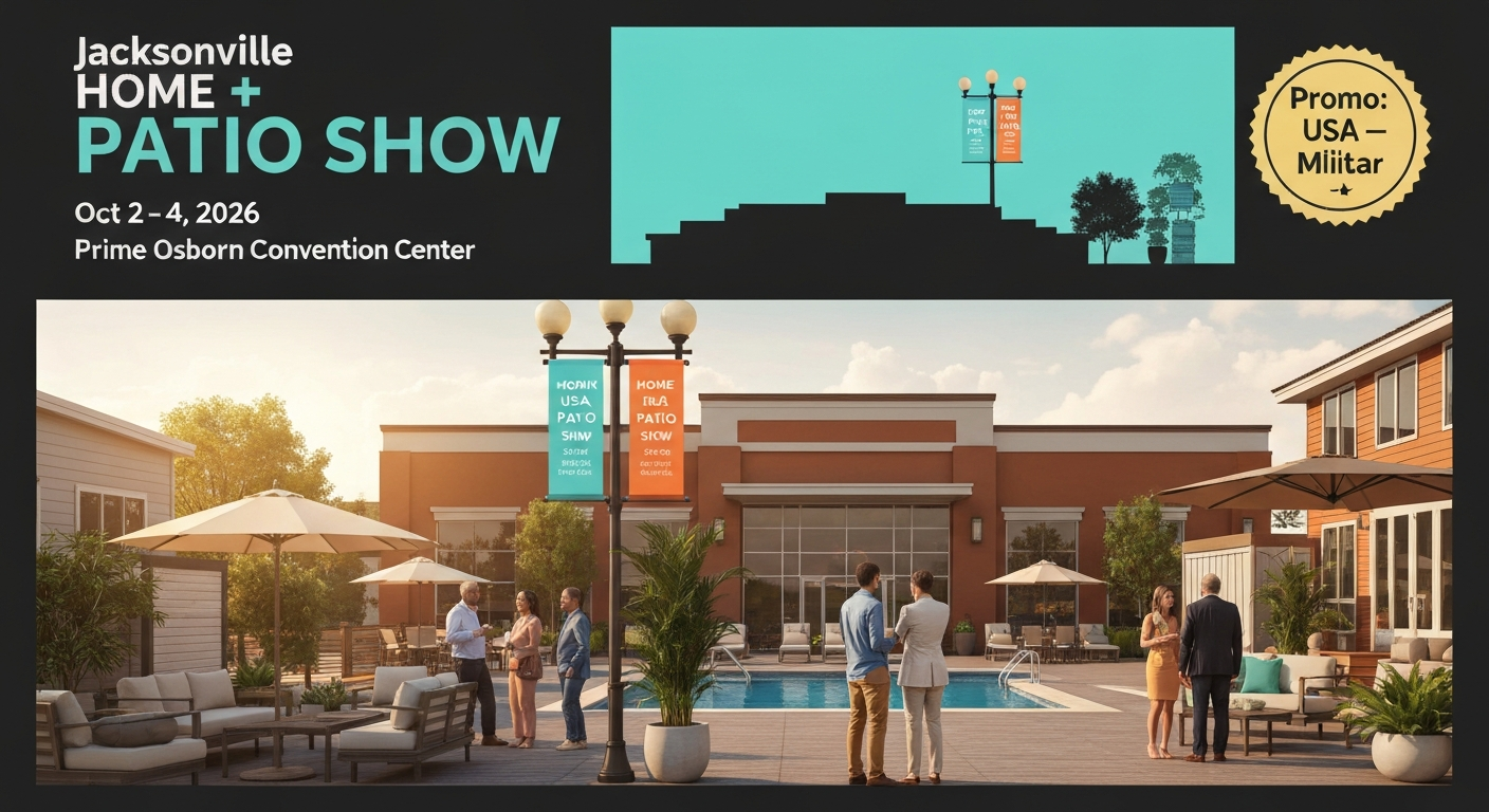 Illustration-style hero image of an outdoor-living trade show at Prime Osborn Convention Center with patio furniture booths, attendees browsing, banners showing Oct 2–4, 2026, and a small badge noting the military promo code 'USA'.