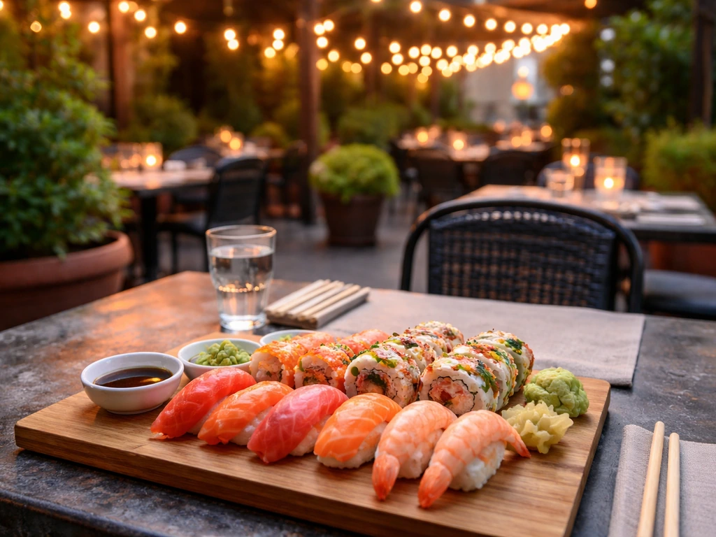Wide view of an outdoor sushi patio with an assortment of sushi rolls and nigiri on a table.