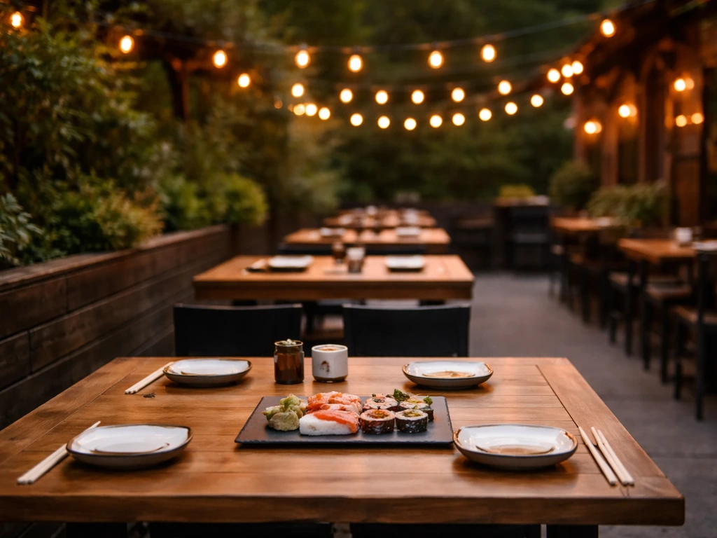 Warmly lit sushi patio with spaced outdoor tables, chopsticks on a foreground table, no people.