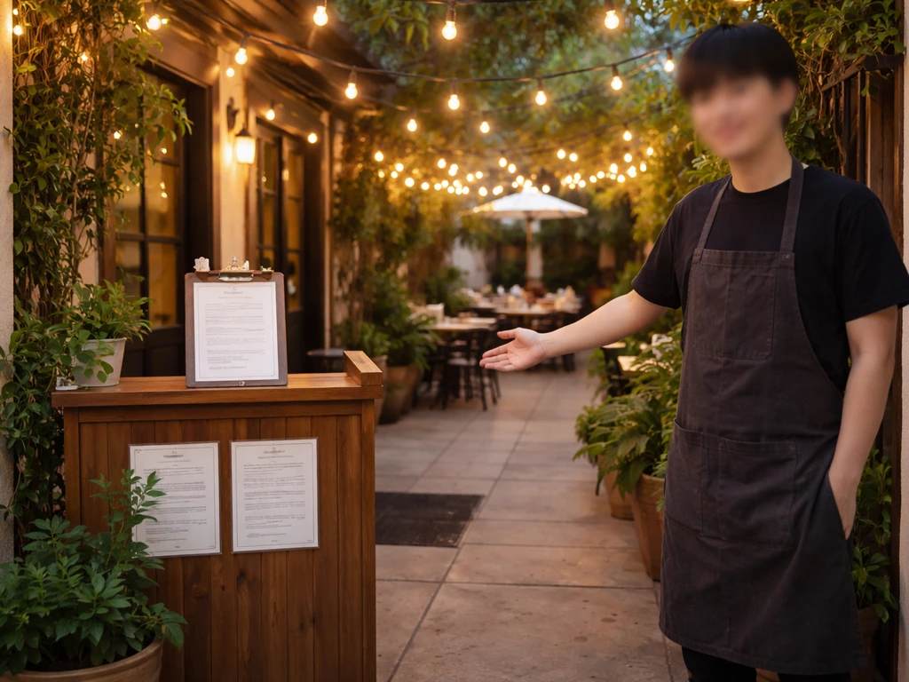 Outdoor sushi patio entrance with host stand and non-readable hour/reservation signs at dusk.