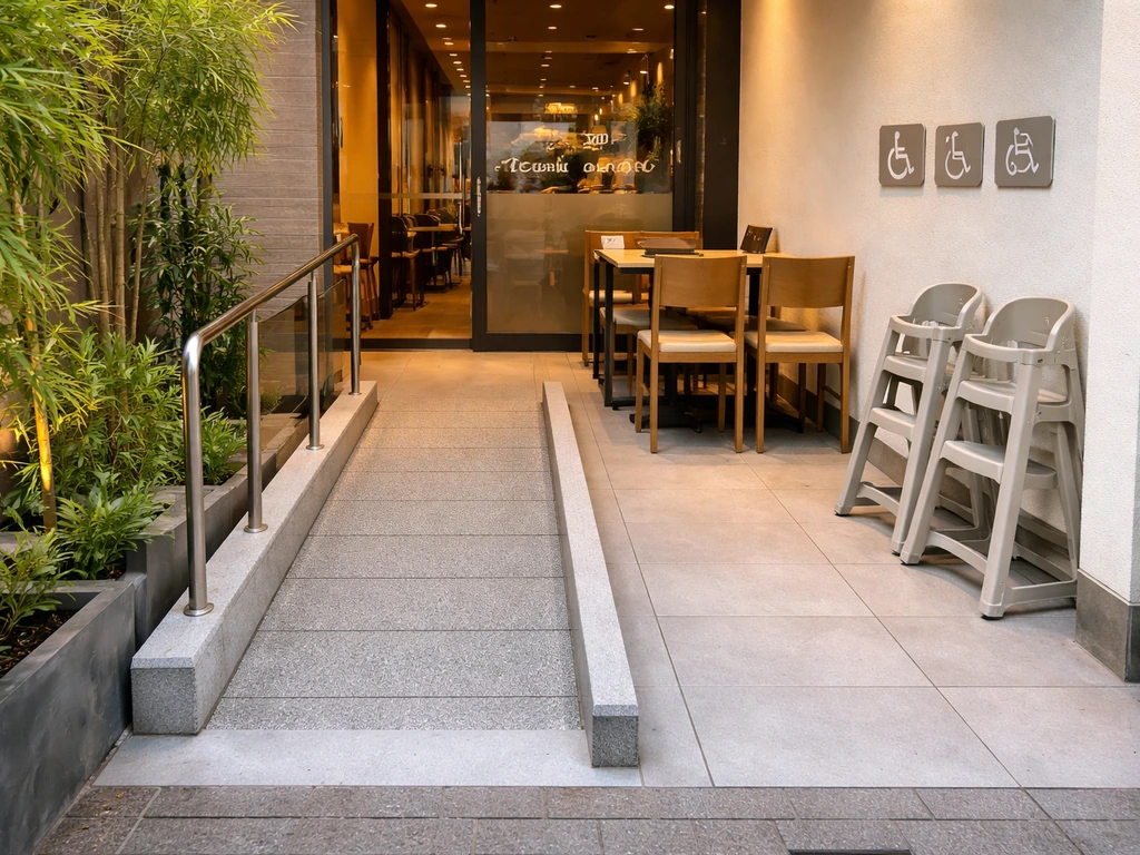 Family-friendly restaurant patio entrance with ramped access, stroller space, and high chairs nearby