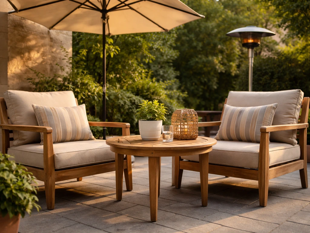Close-up of well-matched patio chairs and table with shade umbrella and subtle outdoor heating.