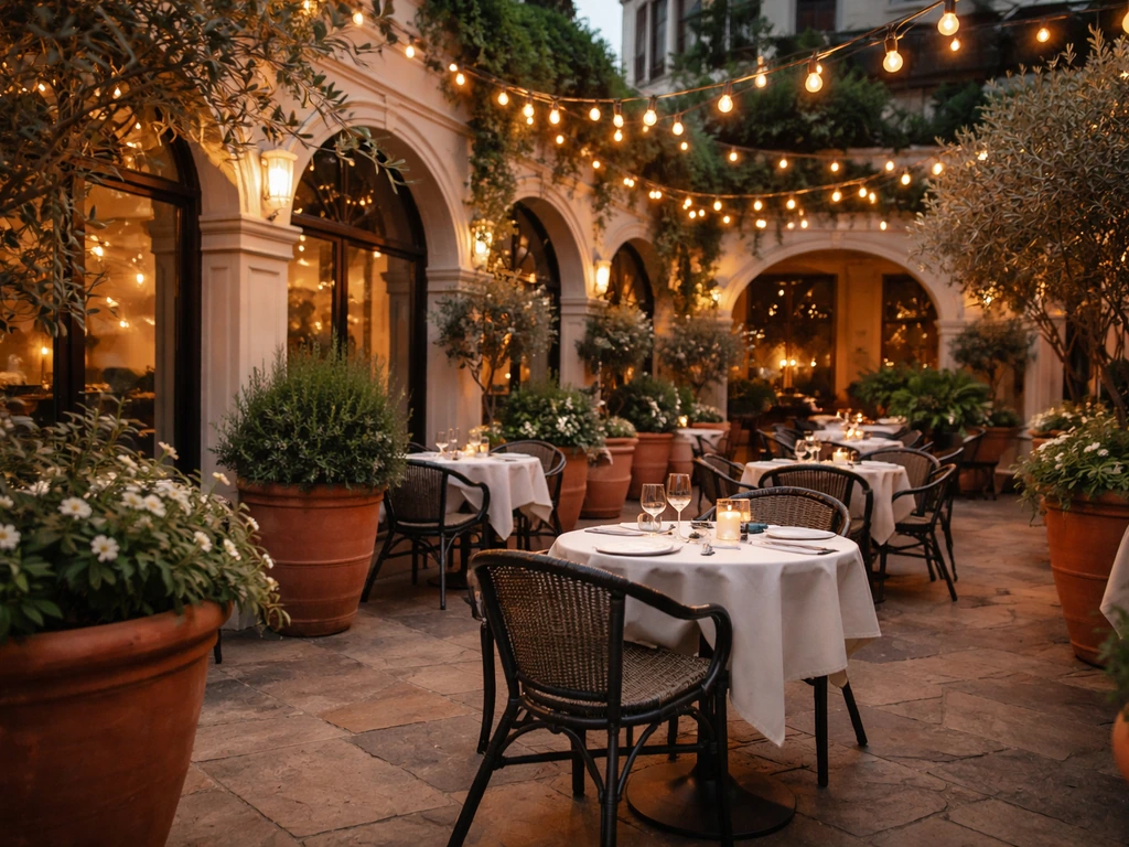 Outdoor terrace at Eataly Yorkville with warm lights, Italian-style courtyard seating, and an aperitivo vibe.