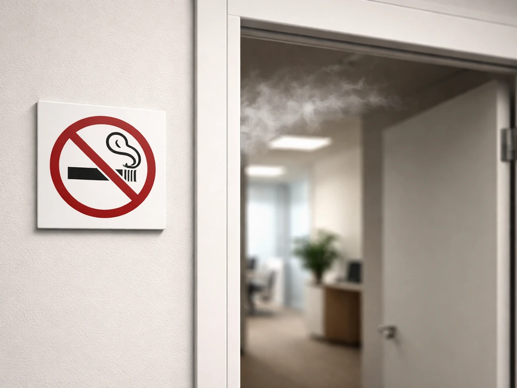 Close view of an office doorway with a clear “No Smoking” style symbol sign blocking smoke