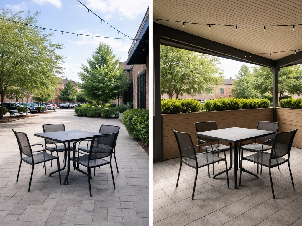 Split view of a fully open sidewalk patio versus a partially enclosed patio with roof and side walls.