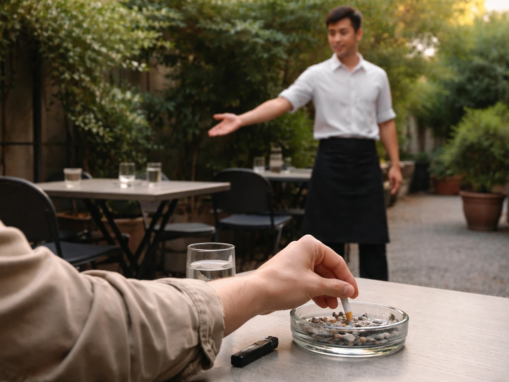 Patio diner puts out a cigarette while a staff member gestures toward a designated smoking spot away from seating.