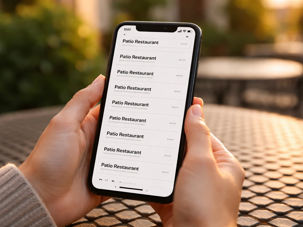 Hands holding a phone showing repeated “Patio Restaurant” search results over a simple outdoor patio background.