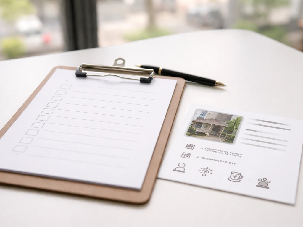 Close-up of a clipboard checklist beside a listing card with address, hours, and patio seating icons.