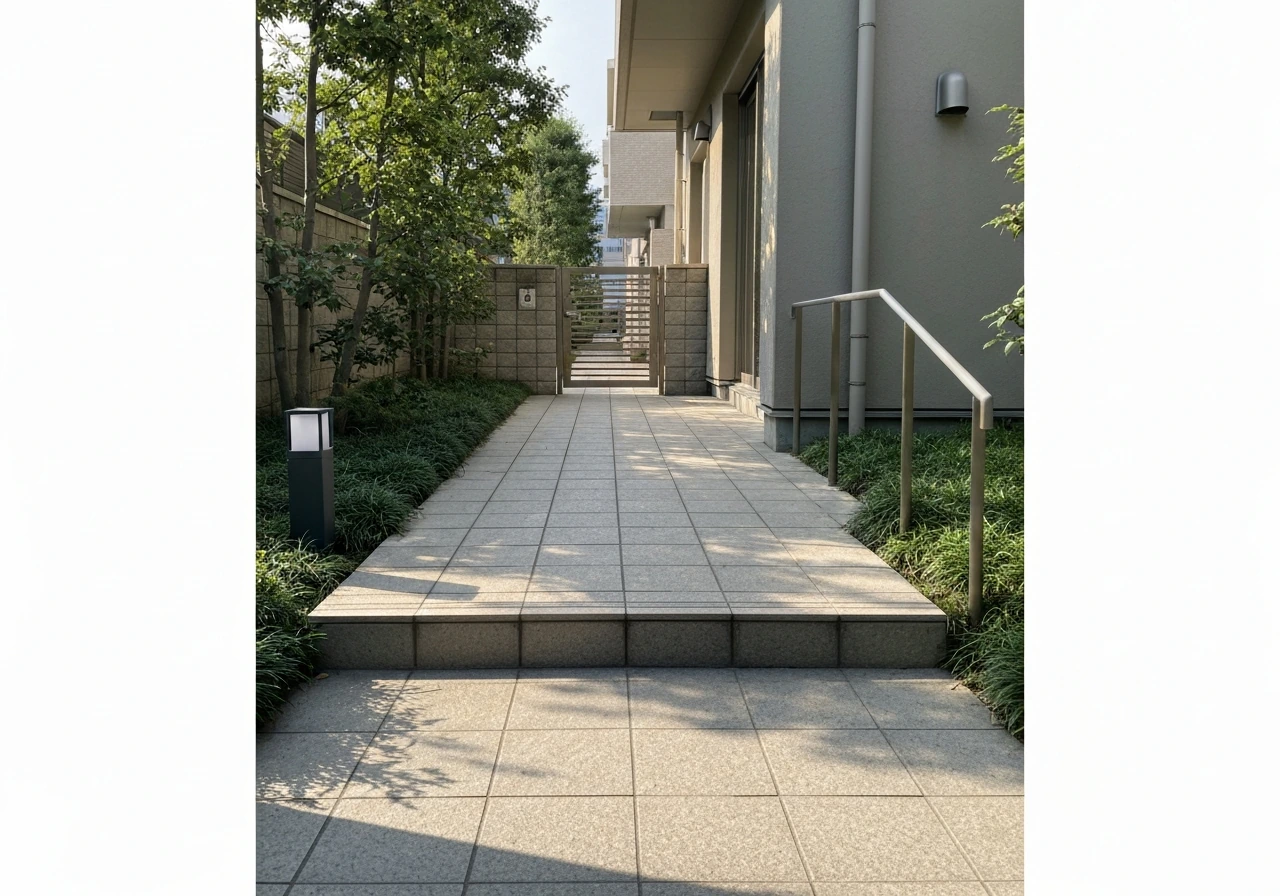 Quiet outdoor patio entrance with a clear walkway leading to calm, inviting steps.