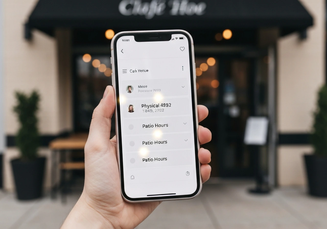 Hand holding an iPhone showing a blurred venue listing with highlighted address and patio hours.