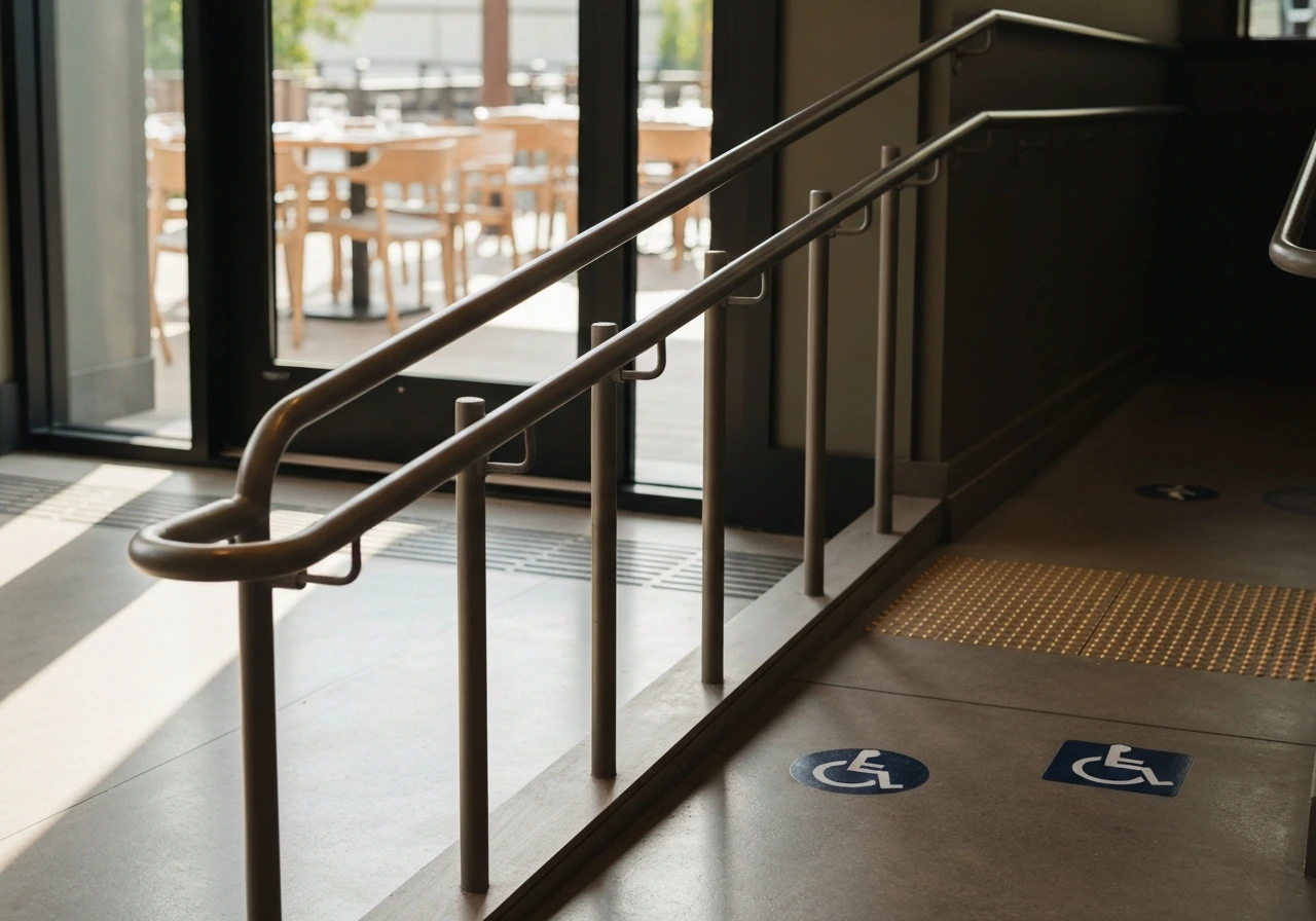 Closeup of step-free route handrail and an accessible entrance path leading to a patio doorway.