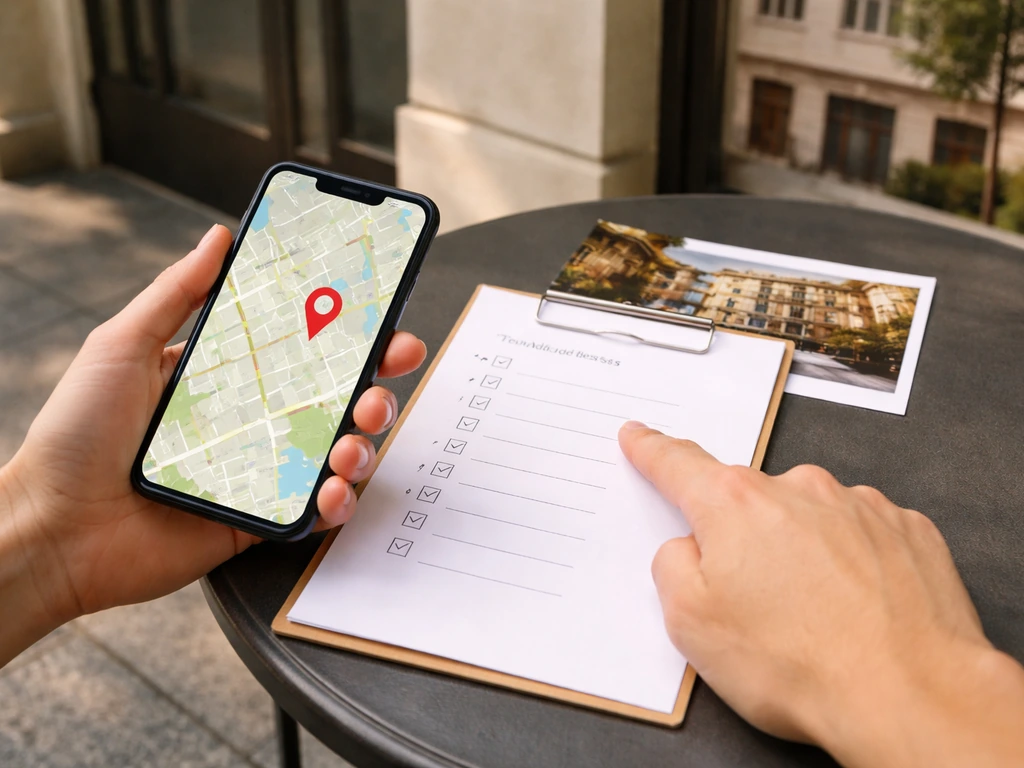 Person comparing a phone GPS map pin with a printed address checklist near a venue entrance