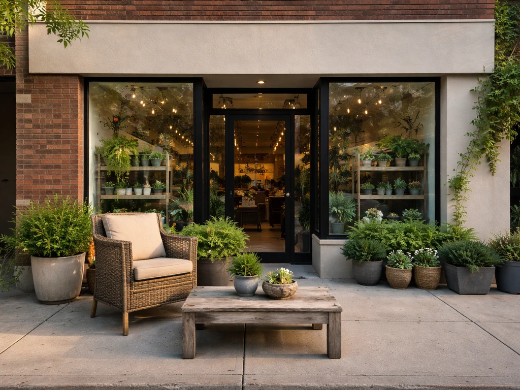 Garden center storefront with patio display and potted plants in front, photographed in natural light.