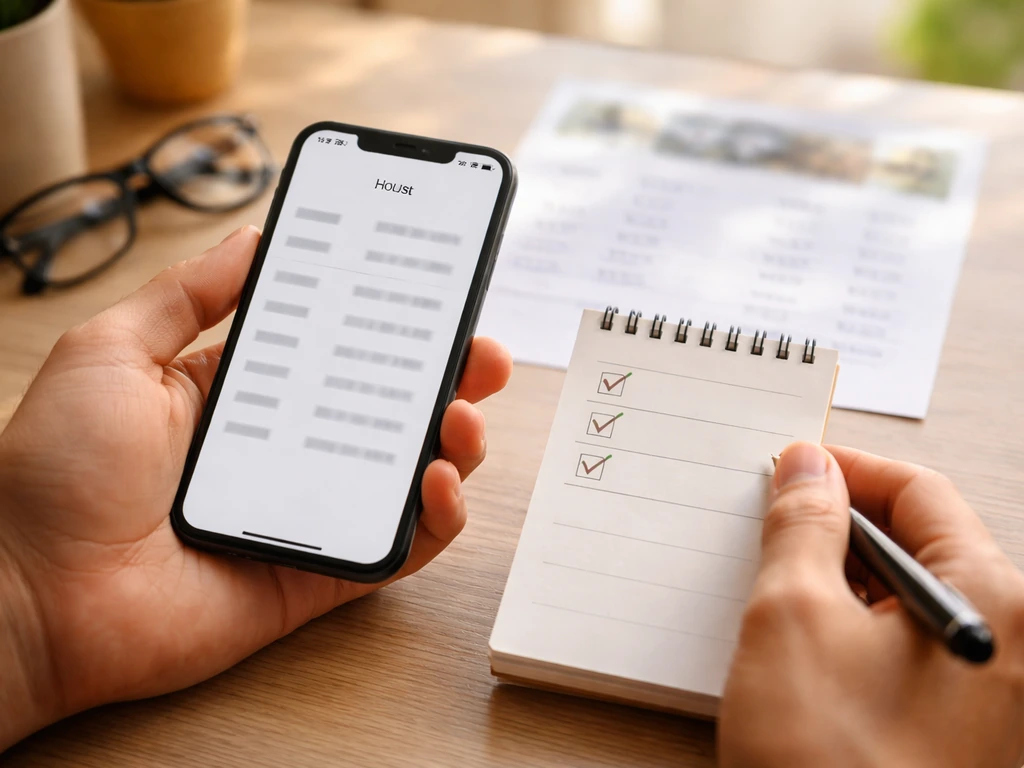 Minimal desk scene with a smartphone showing hours and a small checklist beside it