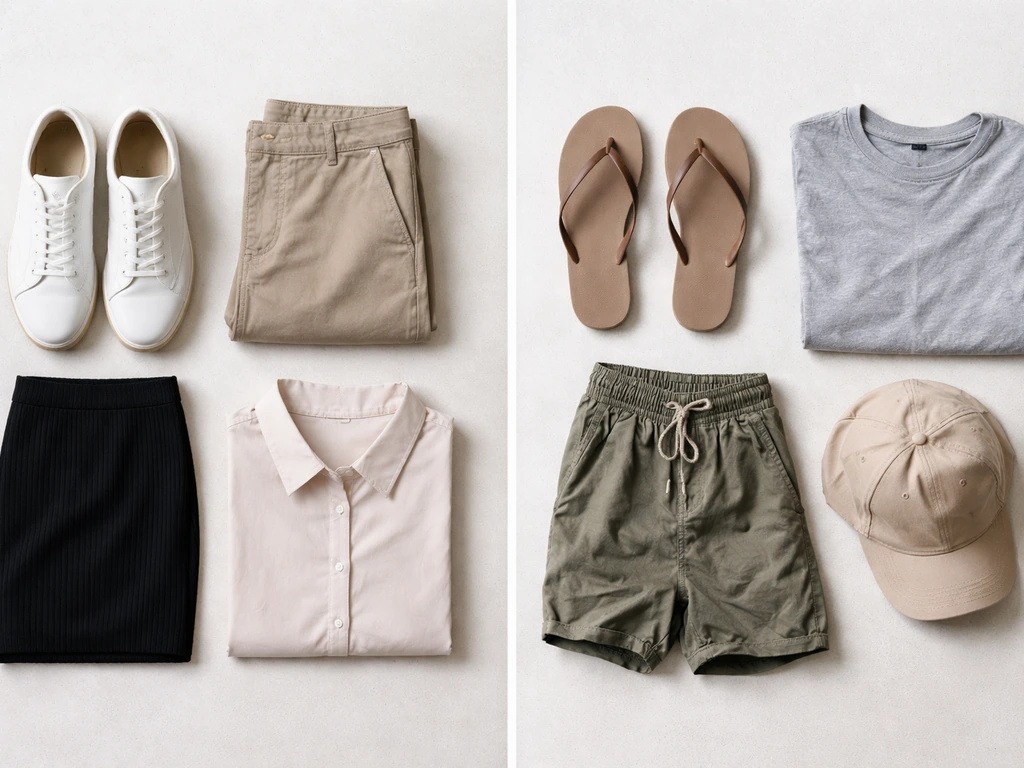 Minimal flat-lay of outfit items split into two rows: smart evening pieces and casual day pieces.