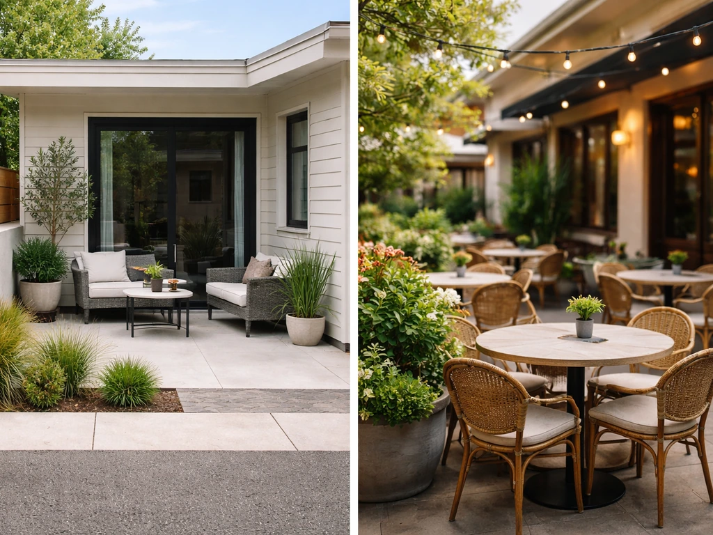 Split view of two minimal scenes: a compact patio home exterior and an inviting restaurant patio seating area.