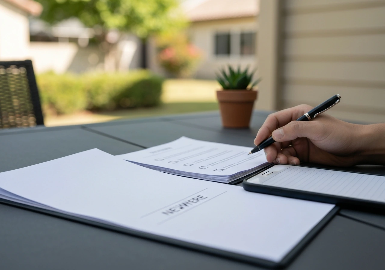 Hands reviewing HOA/CC&R documents with checklist boxes on a patio table next to a phone for notes.