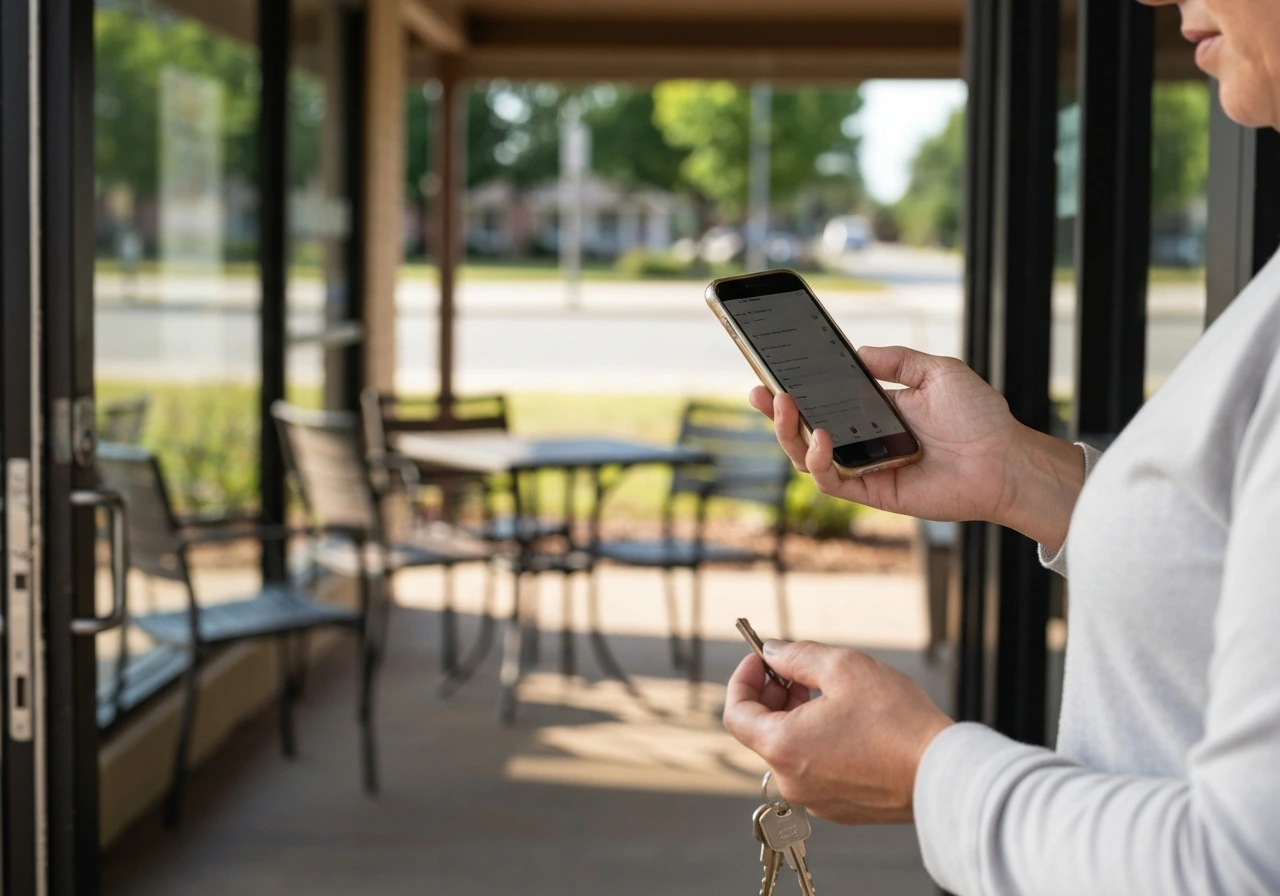 Person checking a smartphone with patio hours while standing by a quiet storefront entrance