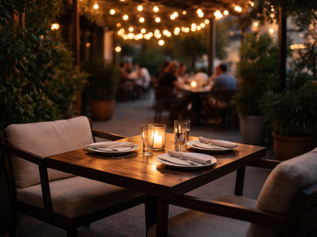 Vibrant outdoor patio dining with open table ambiance for a last-minute night out.