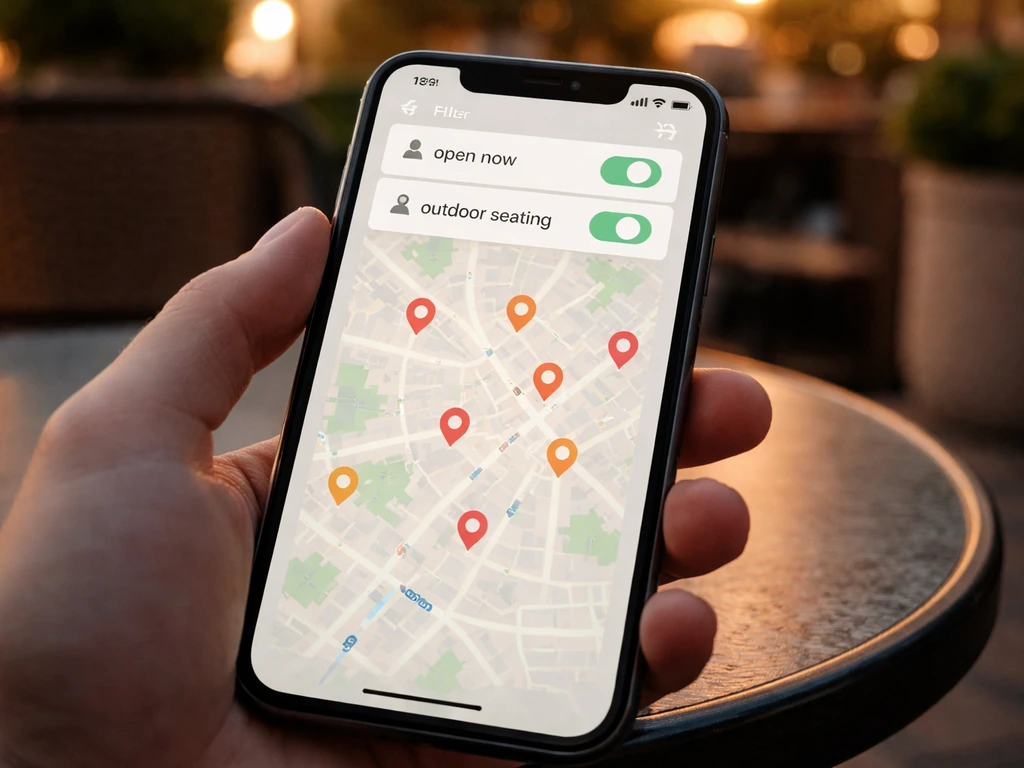 Close-up of a smartphone screen showing a map search with filter toggles for open and outdoor seating.