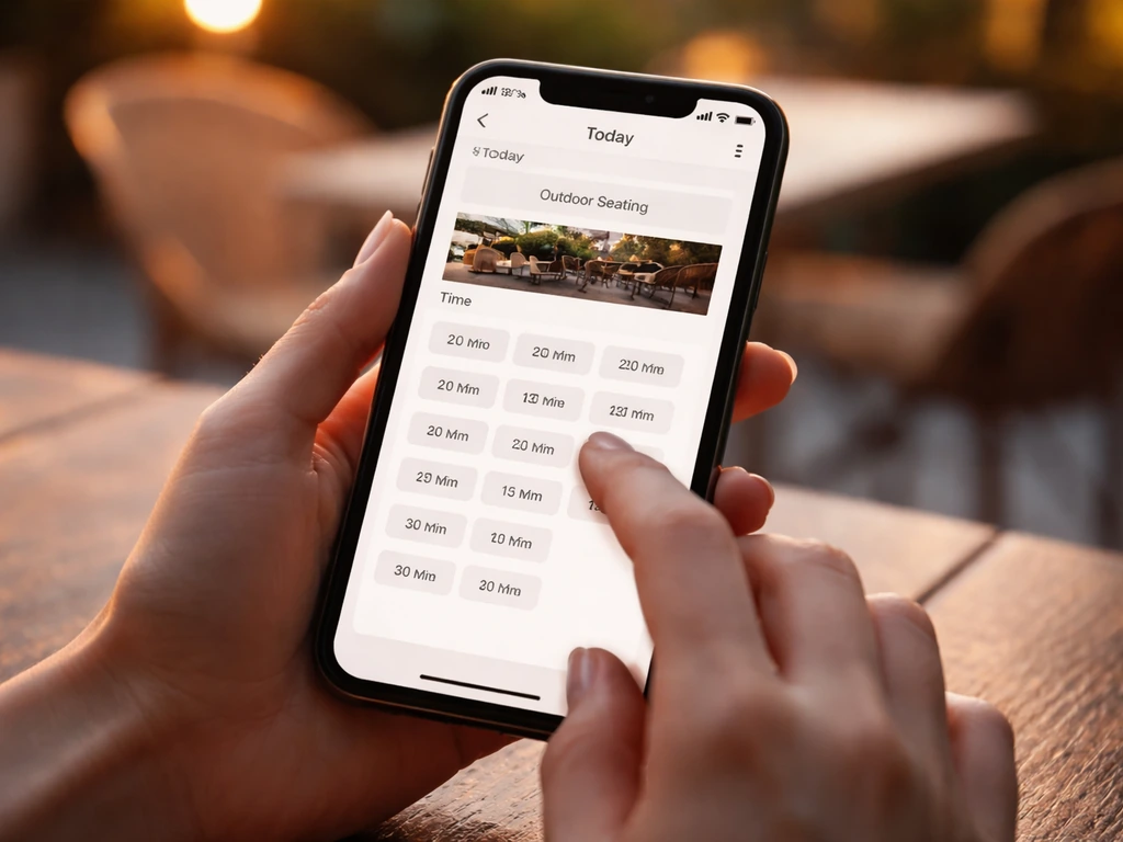 Hands holding a smartphone with an outdoor seating booking flow and time selection for today.