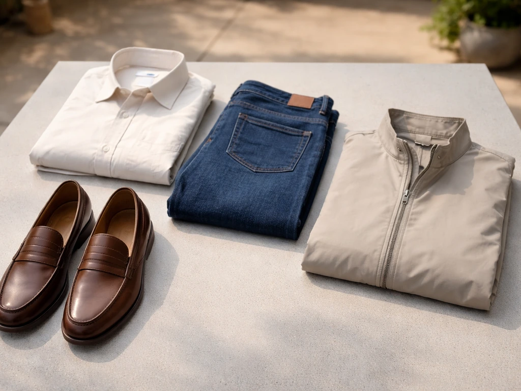 Neatly laid smart-casual outfit with jacket and clean shoes on a simple patio surface.